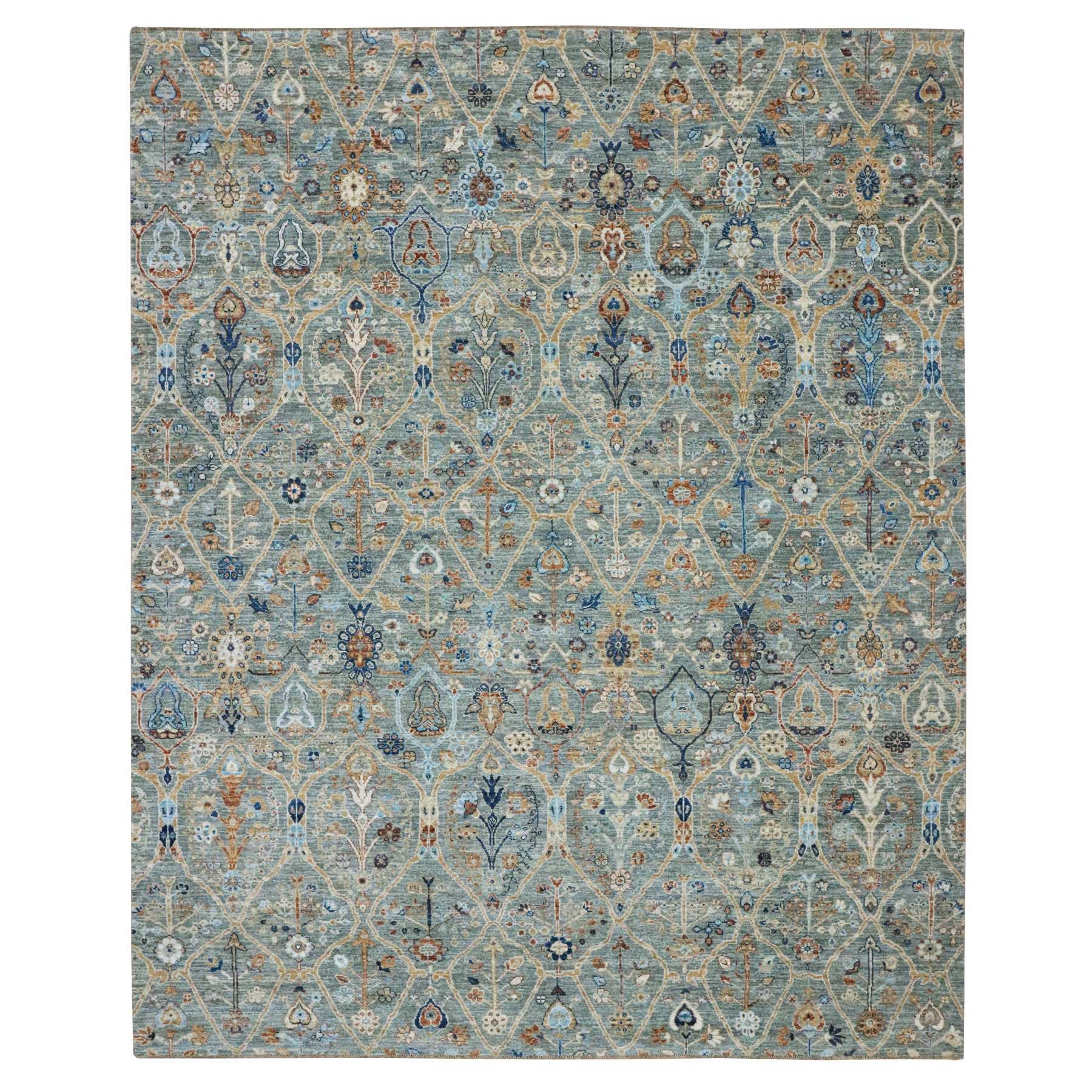 8'1"x10'1" Sage Green, Hand Spun New Zealand Wool, Trellis Borderless Garden Design, Agra, Hand Knotted, Oriental Rug 